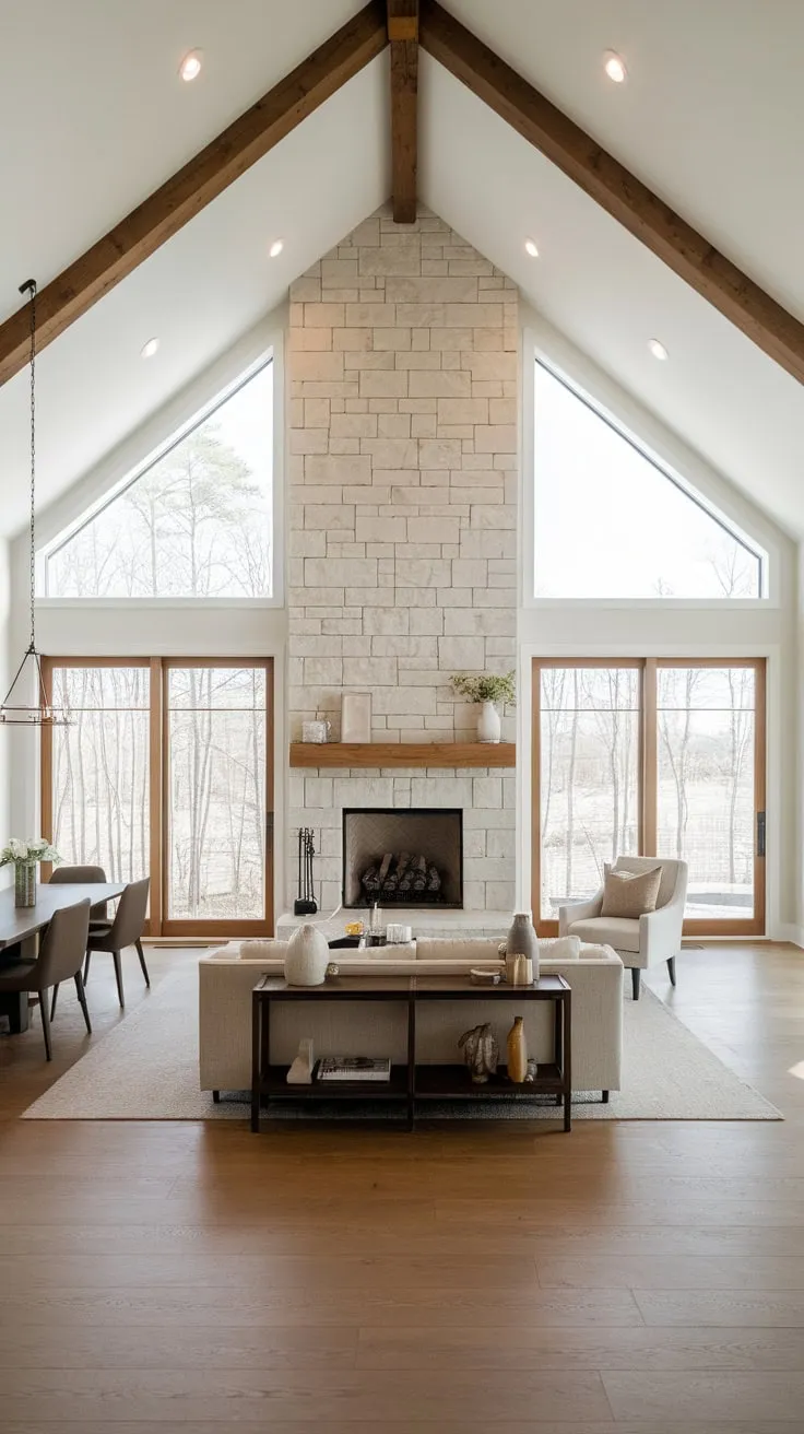 A minimalist modern family room boasts a vaulted ceiling, stone fireplace, and open floor plan flooded with natural light, creating a spacious and inviting atmosphere