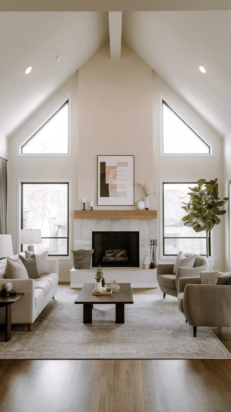 Clean lines and a neutral palette define this open-concept modern family room, centered around a fireplace and featuring a spacious and inviting layout.