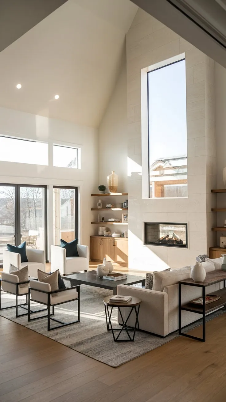 Clean lines and natural light define this contemporary family room featuring a fireplace, vaulted ceiling, and open floor plan perfect for modern living.