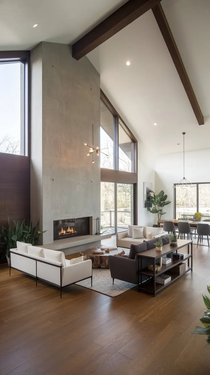 A minimalist modern family room boasts a vaulted ceiling, concrete fireplace integrated with expansive windows, and wide-plank wood floors, opening to a dining area.