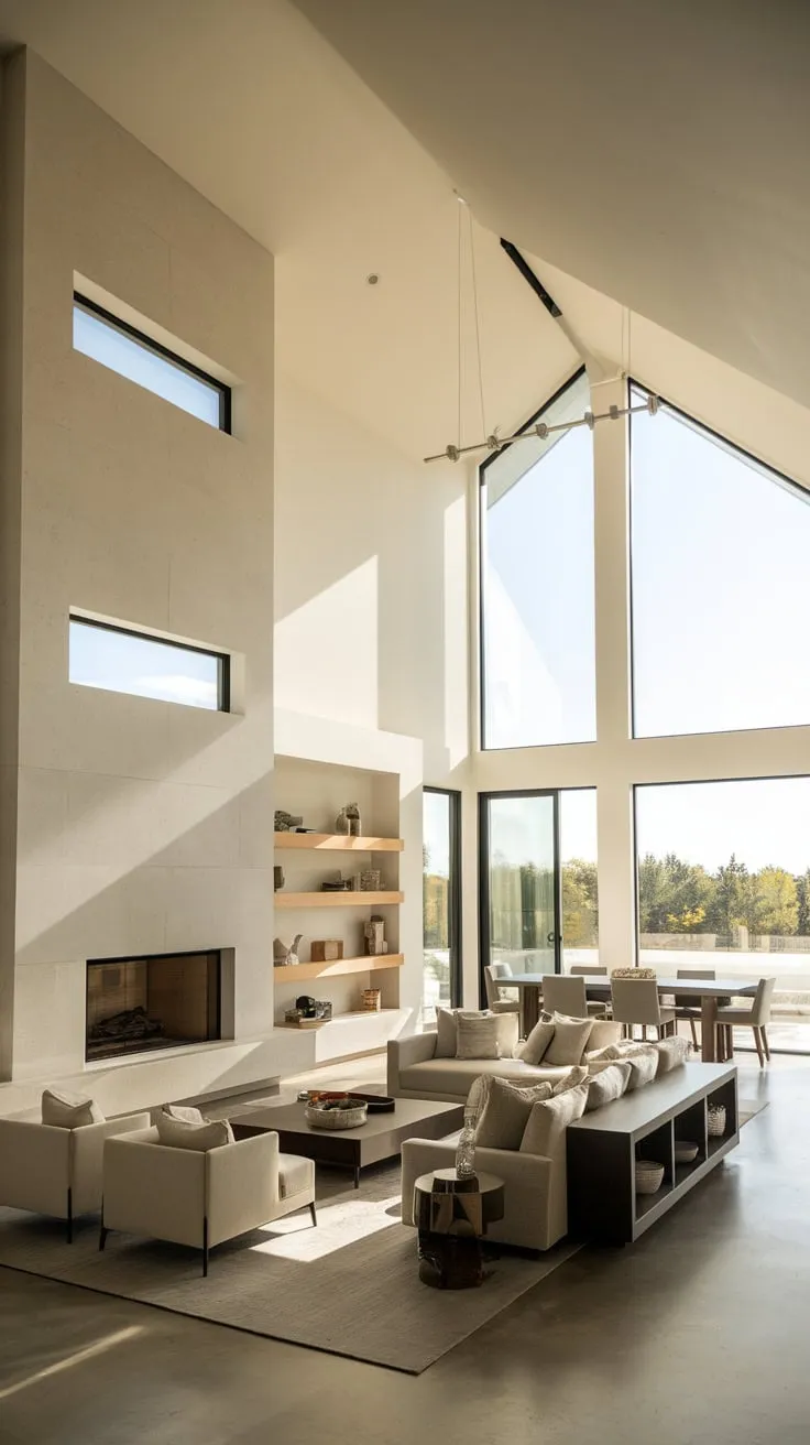 Sunlight streams into a spacious modern family room featuring a minimalist design, vaulted ceilings, a cozy fireplace, and seamless integration of living and dining areas.