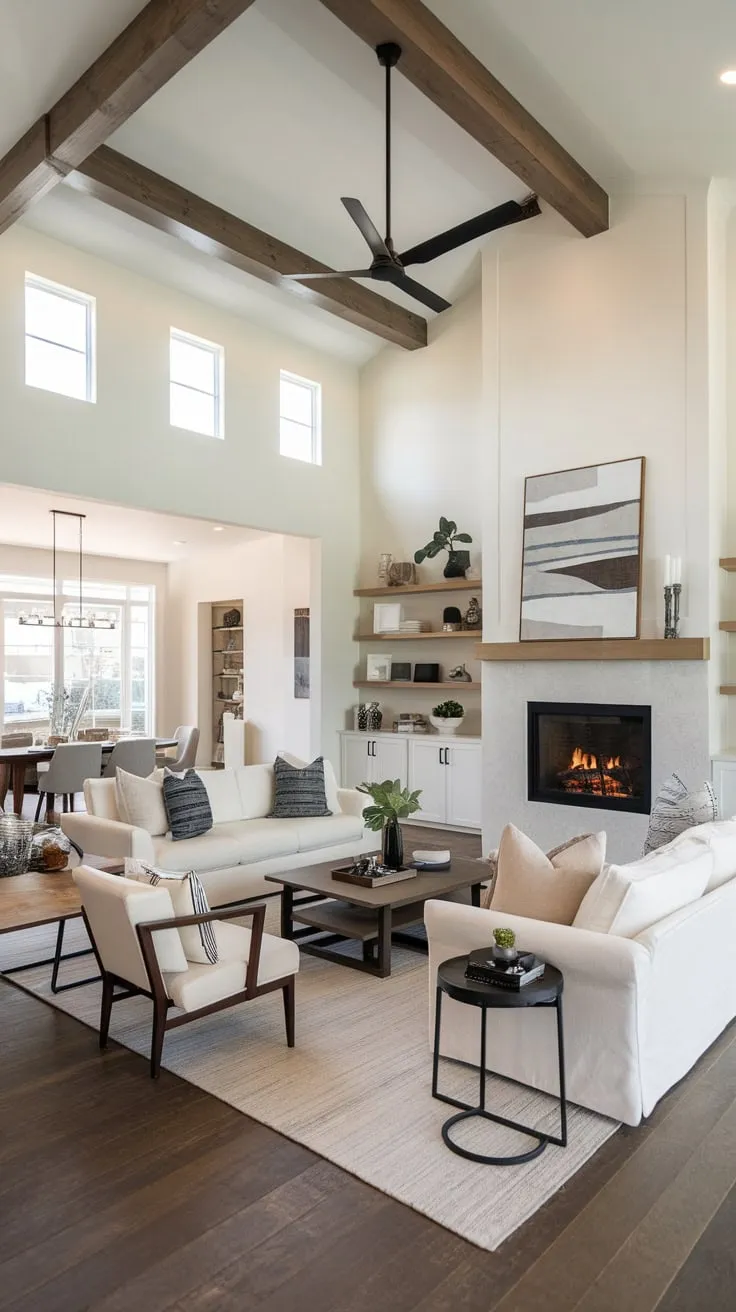 Contemporary design meets open-concept living in this stunning family room featuring a fireplace, vaulted ceiling, and seamless flow into the dining area.