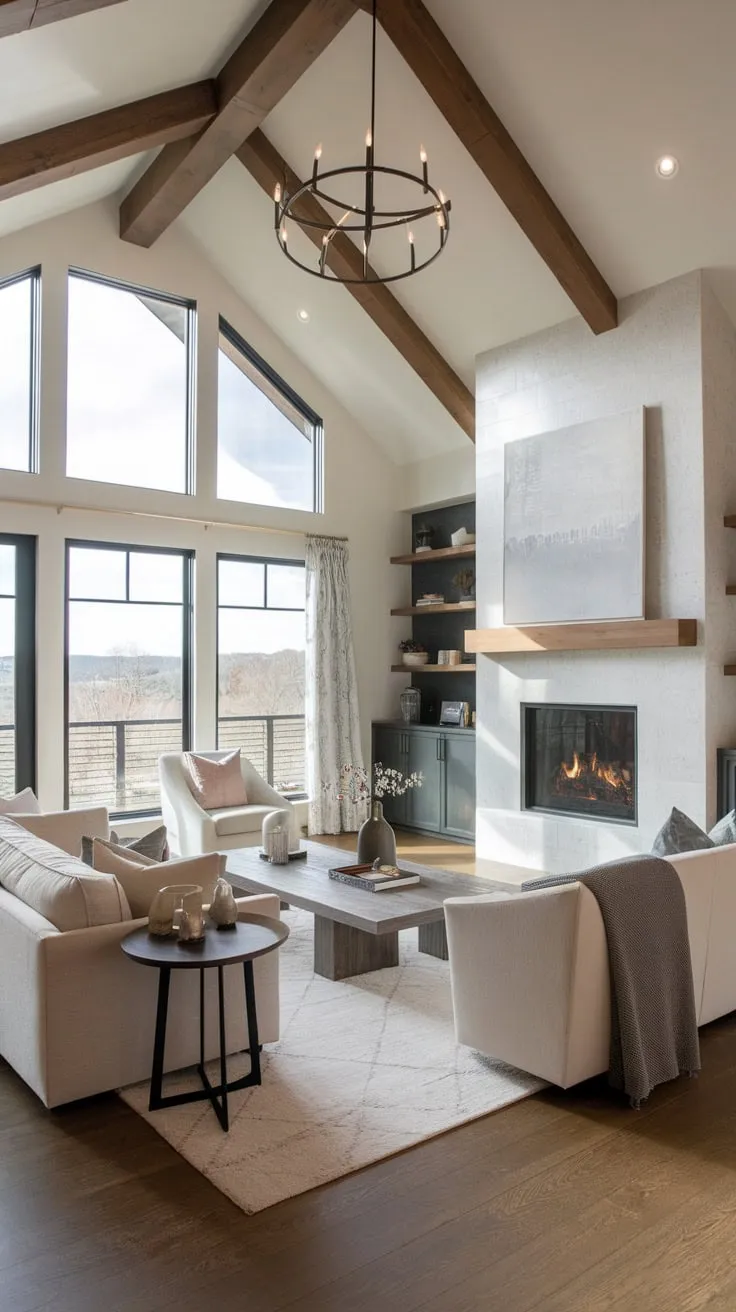 A modern family room boasts an open floor plan, vaulted ceilings, a large fireplace with windows showcasing scenic views, and minimalist contemporary decor.