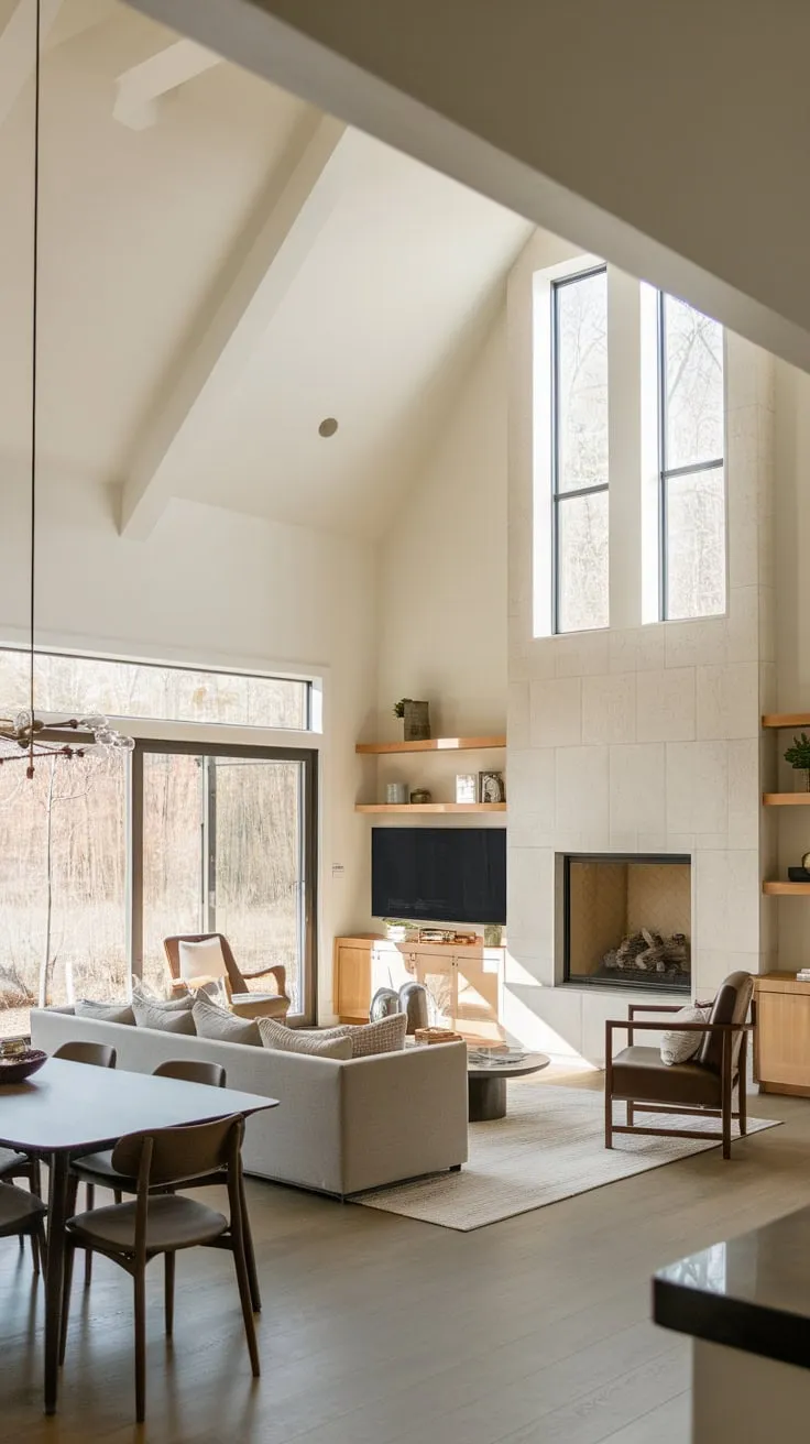 A minimalist modern family room boasts an open floor plan, vaulted ceiling, large windows showcasing nature, and a fireplace anchoring the comfortable seating and dining area.