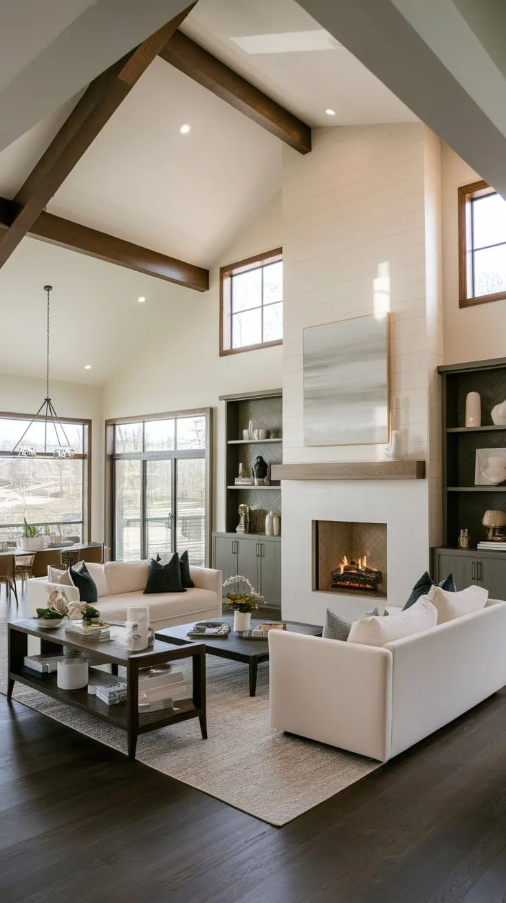 Contemporary design defines this open-concept family room featuring a vaulted ceiling, expansive windows, a statement fireplace, and minimalist decor.