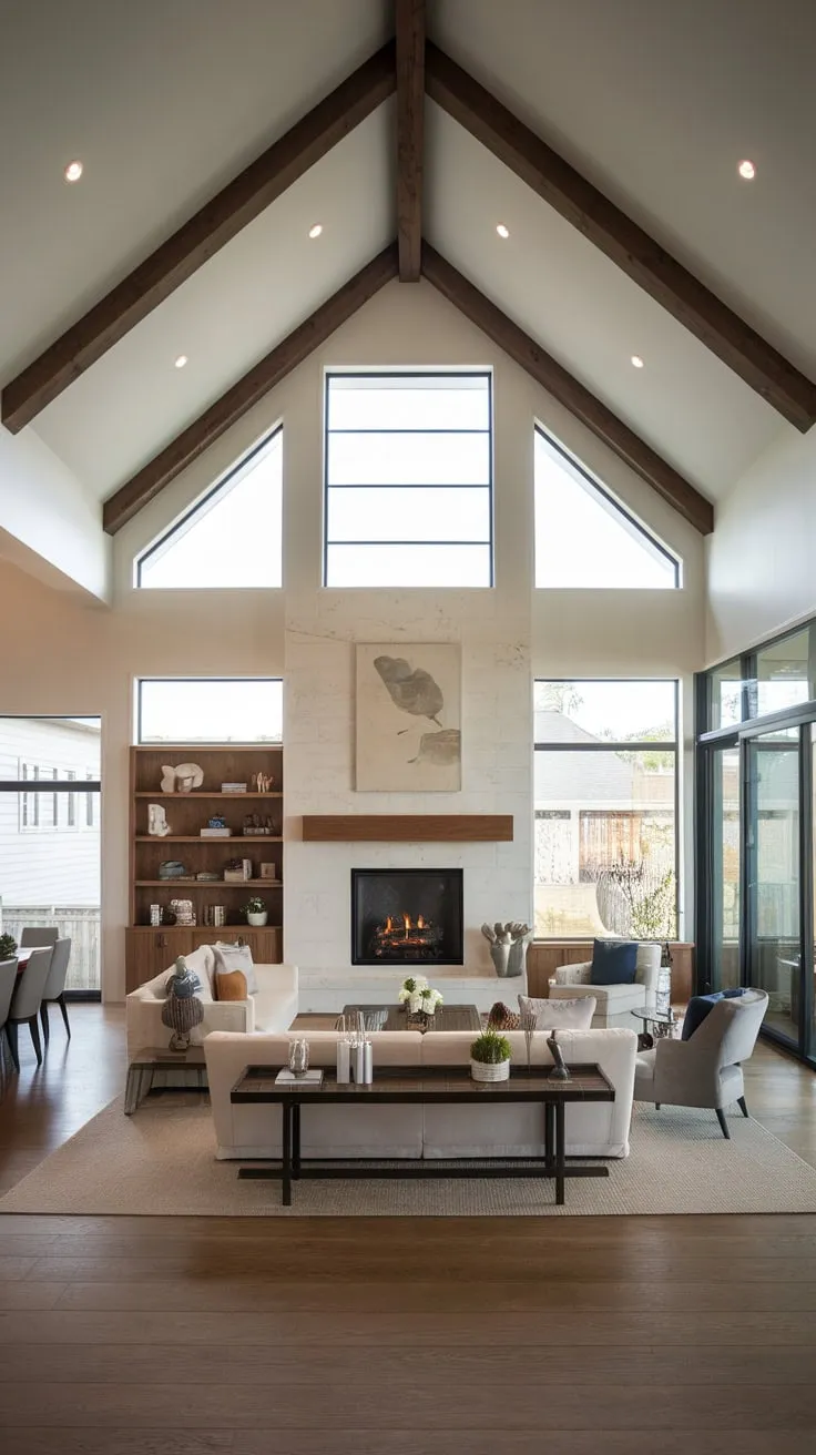 A spacious contemporary family room features a soaring vaulted ceiling, open concept design with a fireplace and windows, seamlessly flowing into the dining area.