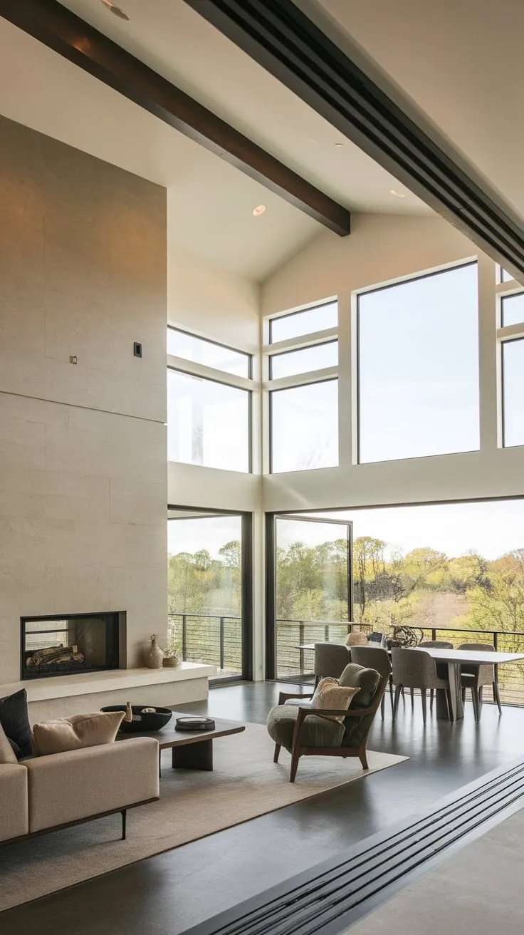 A minimalist modern family room boasts an open floor plan, vaulted ceiling, large windows showcasing nature, and a cozy fireplace, seamlessly blending living and dining areas.