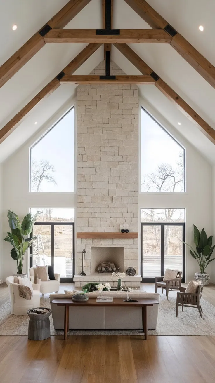 Warm wood beams and floors accentuate the spaciousness of this stunning modern family room with a cozy stone fireplace.