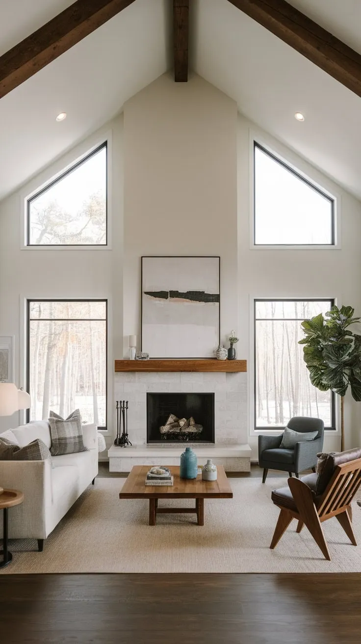A contemporary home's open floor plan unites a spacious living and dining area within a minimalist family room featuring a large fireplace and vaulted ceiling.