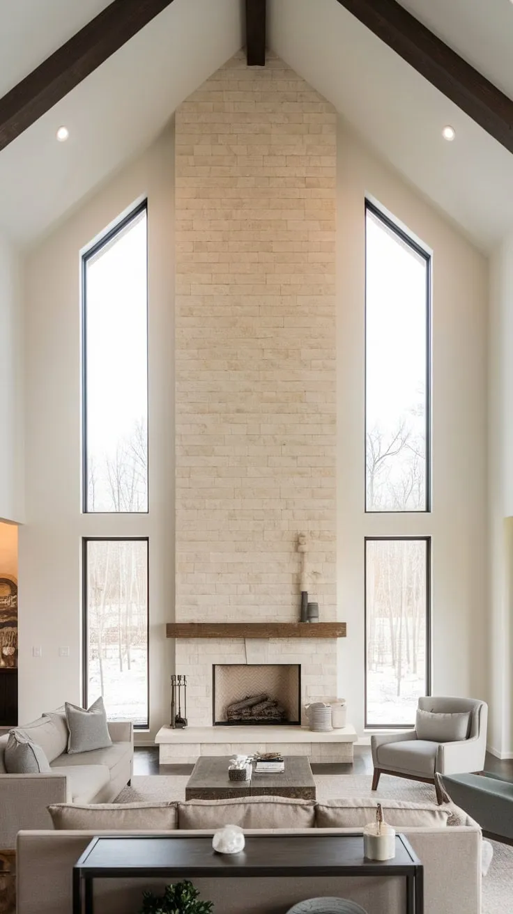 Clean lines and a spacious layout define this modern family room, centered around a stunning stone fireplace and tall windows under a vaulted ceiling.