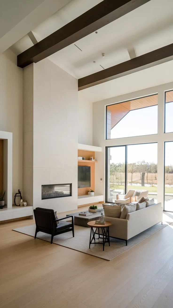 A minimalist modern family room boasts an open floor plan, vaulted ceiling, and a stunning fireplace integrated into a wall showcasing outdoor views.