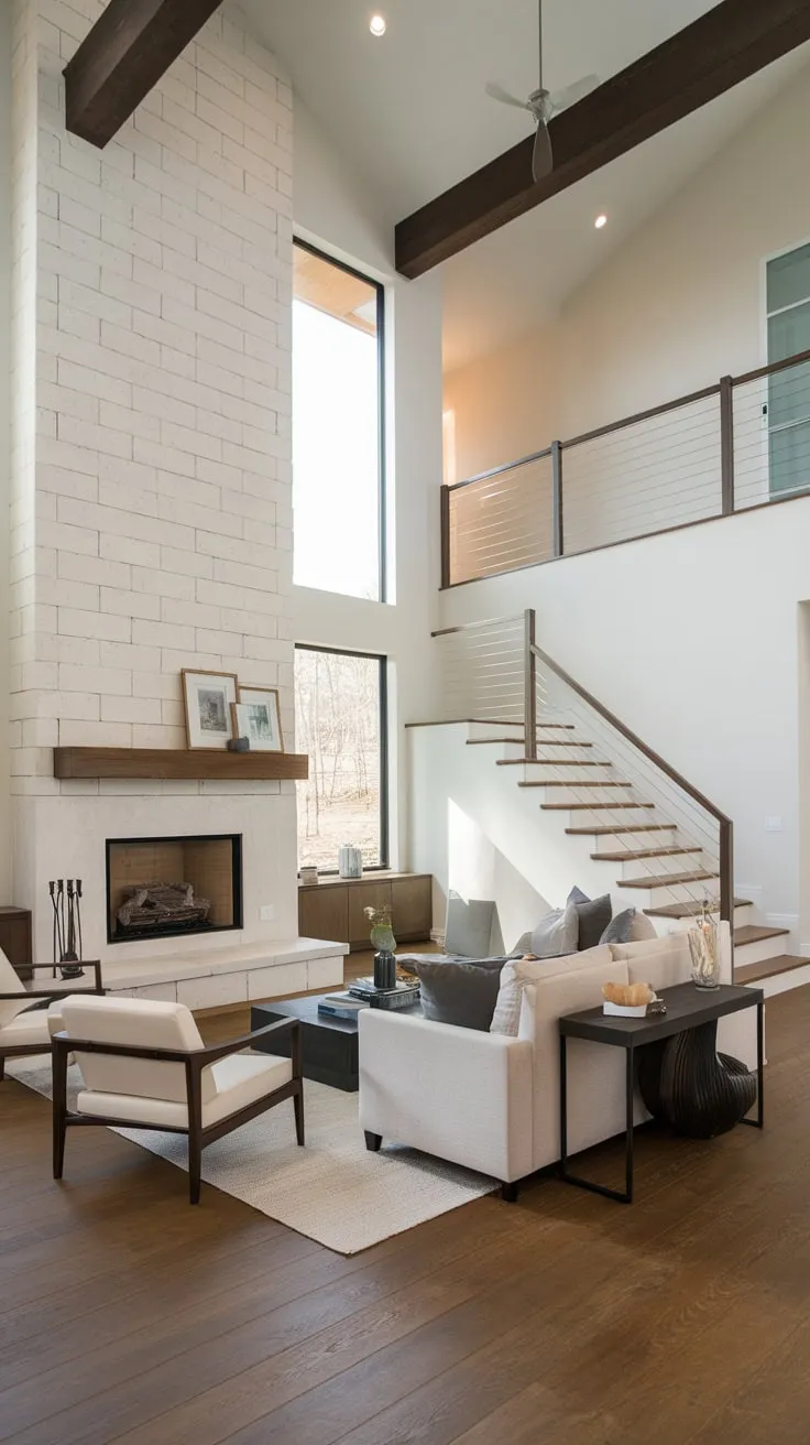 A spacious modern family room with vaulted ceilings, a stunning fireplace, and minimalist design seamlessly connects living areas within a contemporary home.