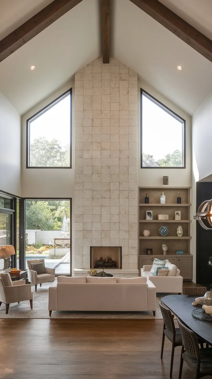 A minimalist modern family room boasts a vaulted ceiling, expansive fireplace with flanking windows, and open-plan flow into a dining area