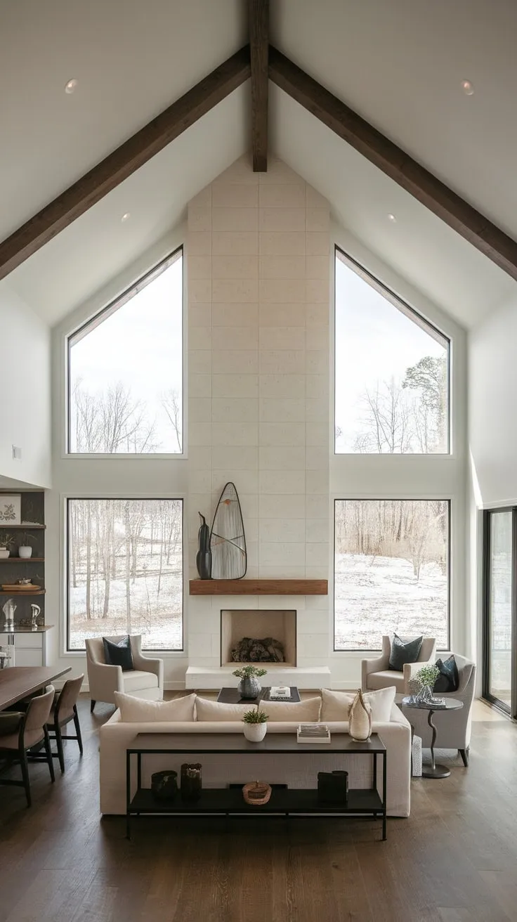 A contemporary open-plan family room features a dramatic fireplace and vaulted ceiling, showcasing a minimalist aesthetic in its living and adjacent dining spaces.