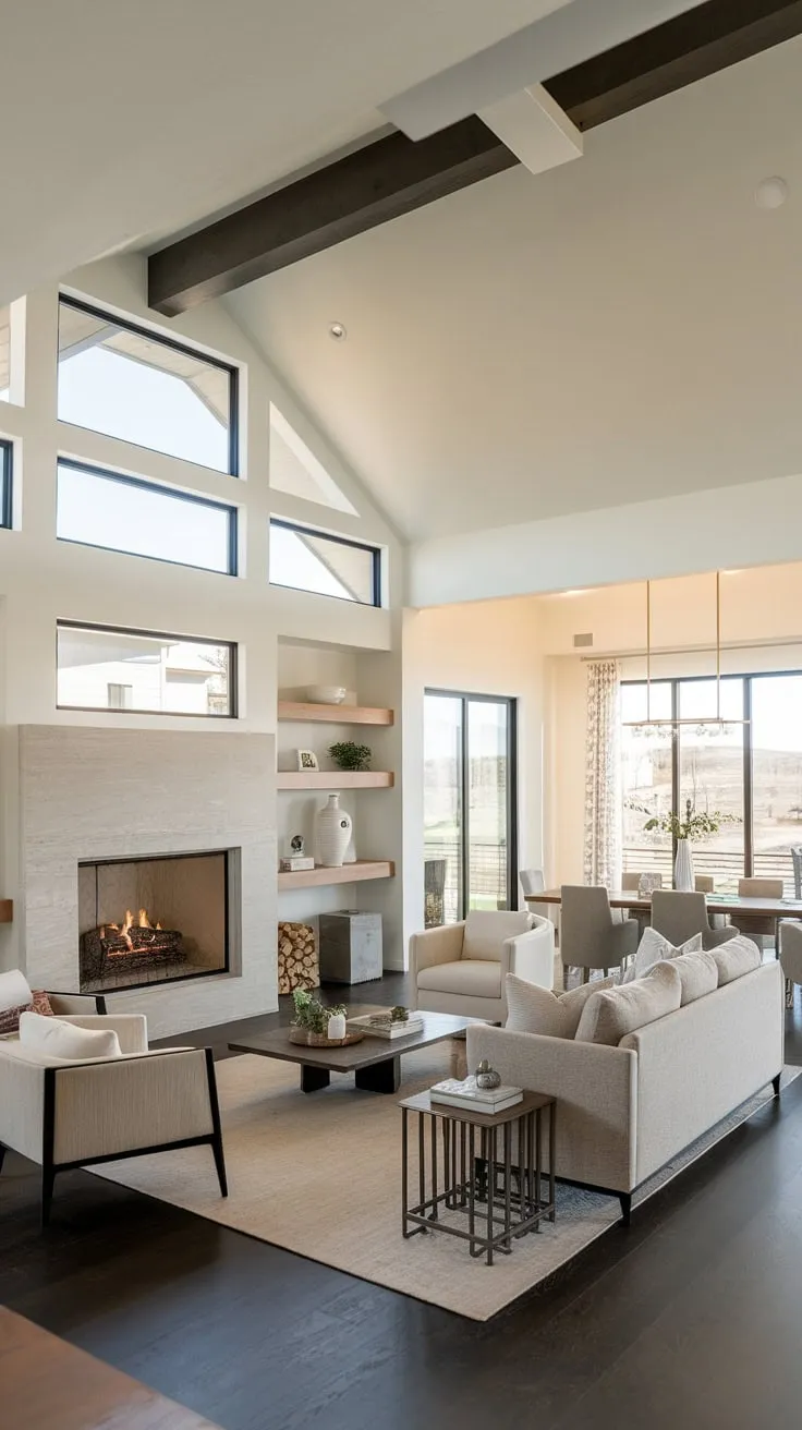 A minimalist modern family room boasts a vaulted ceiling, expansive windows, a large fireplace, and an open floor plan seamlessly connecting to the dining area