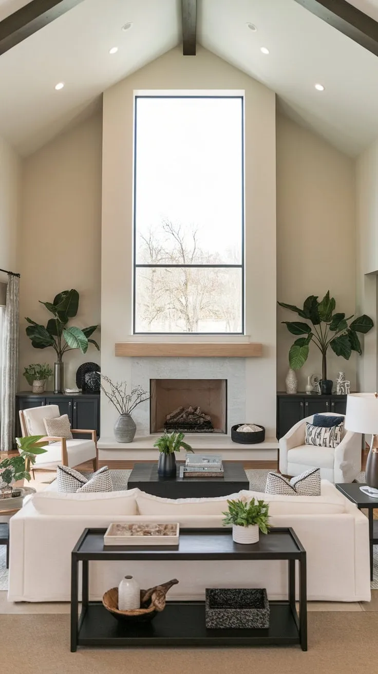 A spacious modern family room boasts a vaulted ceiling, large fireplace with window, and open floor plan perfect for family gatherings