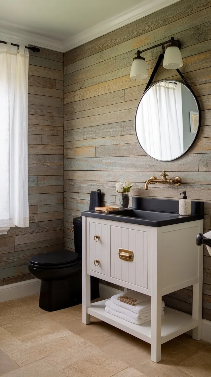 This modern farmhouse bathroom features a stylish white vanity, black sink, and brass fixtures, showcasing inspiring bathroom remodel designs that blend farmhouse bathroom style with contemporary elegance.