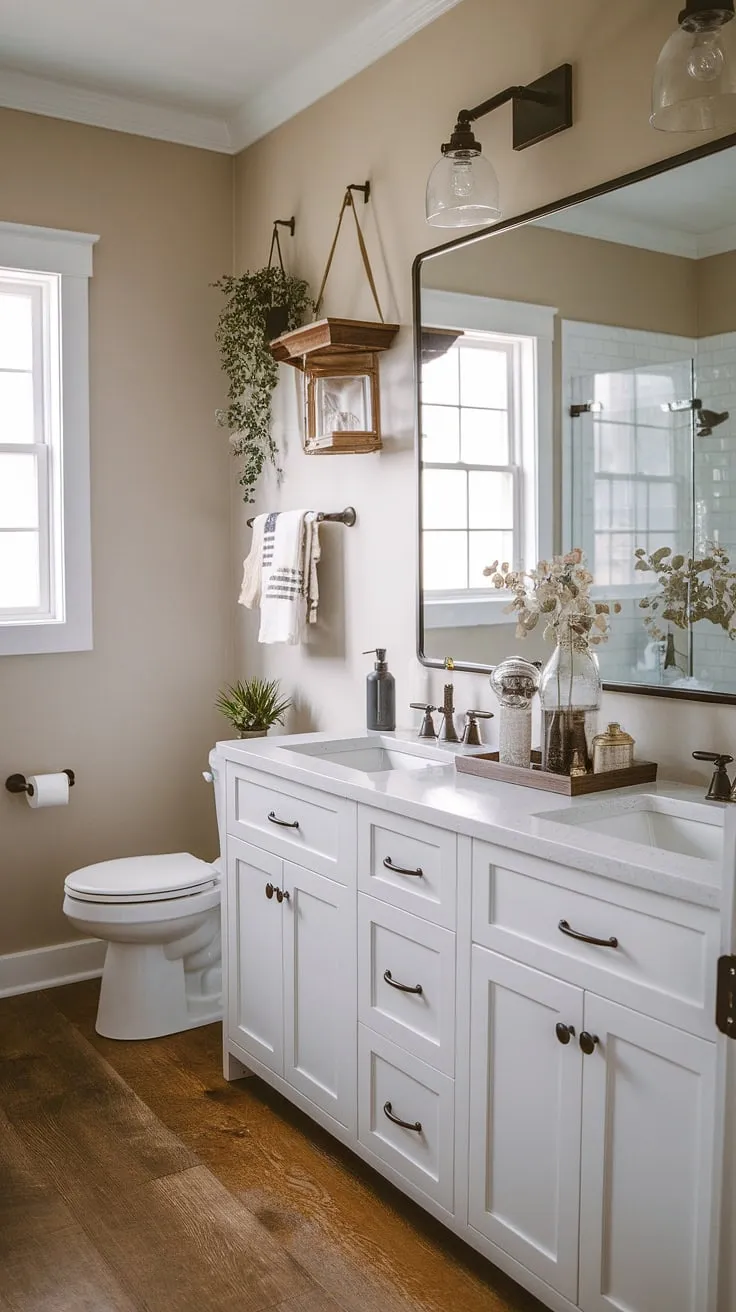 With its white vanity, wooden flooring, and charming decor, this modern farmhouse bathroom exemplifies the ideal blend of farmhouse bathroom style and innovative bathroom remodel designs.