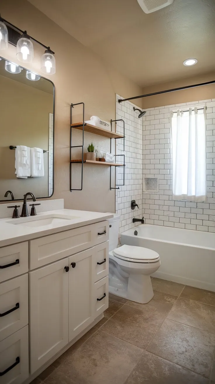 With its white fixtures and warm beige tones, this modern farmhouse bathroom exemplifies stylish farmhouse bathroom ideas perfect for a contemporary home.