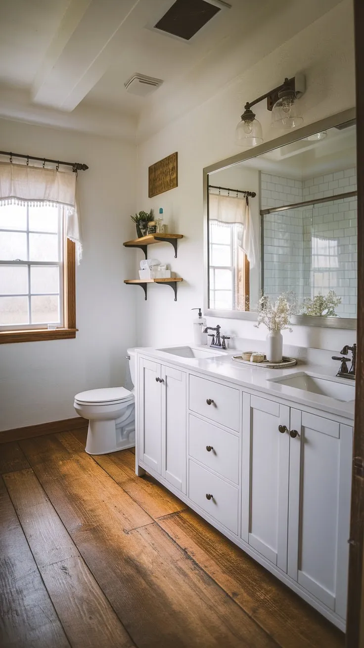 Featuring a white vanity and wooden accents, this modern farmhouse bathroom exemplifies farmhouse bathroom style and offers fresh ideas for your next remodel.