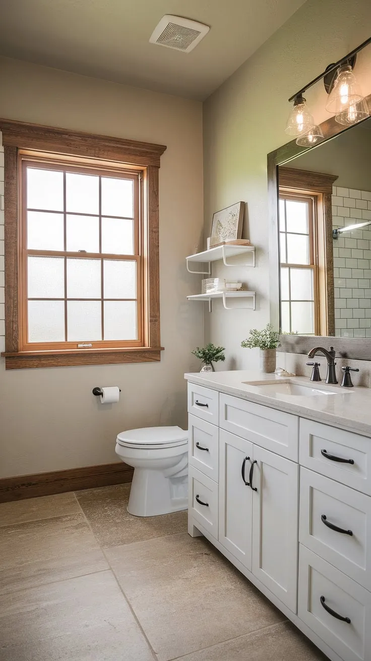 With its beige tile floor and wooden accents, this modern farmhouse bathroom exemplifies the perfect blend of farmhouse bathroom style and contemporary design.