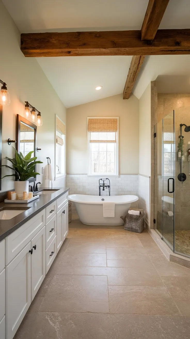 This modern farmhouse bathroom showcases a perfect blend of rustic charm and contemporary elegance, featuring a freestanding tub, dual sinks, and warm lighting, making it an ideal inspiration for master bathroom ideas and bathroom remodel designs.
