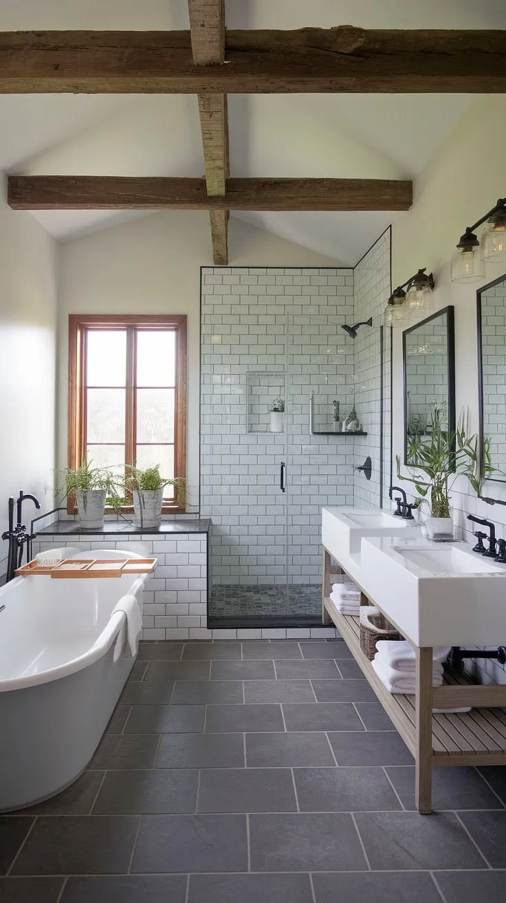 This stunning modern farmhouse bathroom features a white bathtub, walk-in shower, double vanity, and wood beam ceiling, showcasing inspiring bathroom remodel designs and master bathroom ideas.