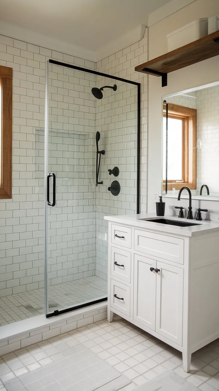 This stunning modern farmhouse bathroom features a white vanity with black fixtures, a frameless glass shower, and a wooden shelf, making it a perfect inspiration for master bathroom ideas and bathroom remodel designs.