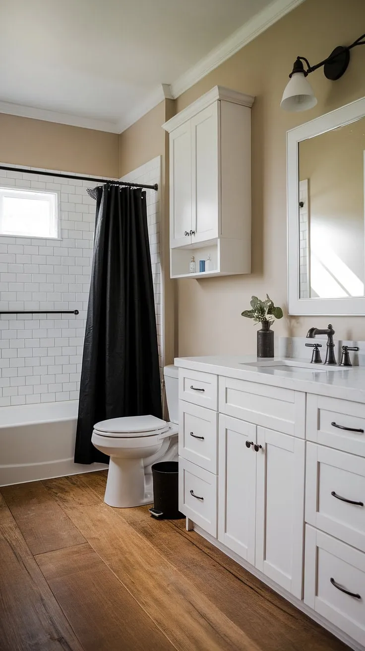 With its blend of white and black elements, this modern farmhouse bathroom exemplifies farmhouse bathroom style and inspires fresh modern farmhouse bathroom ideas.