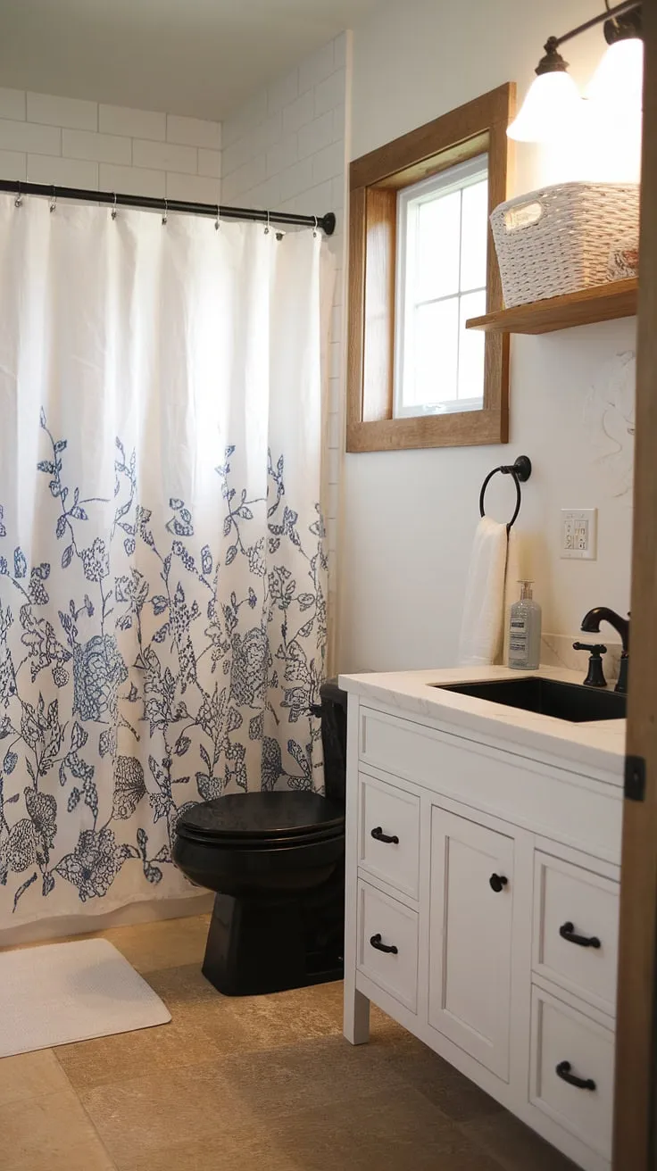 This modern farmhouse bathroom features a stylish white vanity with a black sink, blue floral shower curtain, and wooden accents, making it a perfect inspiration for master bathroom ideas and bathroom remodel designs.