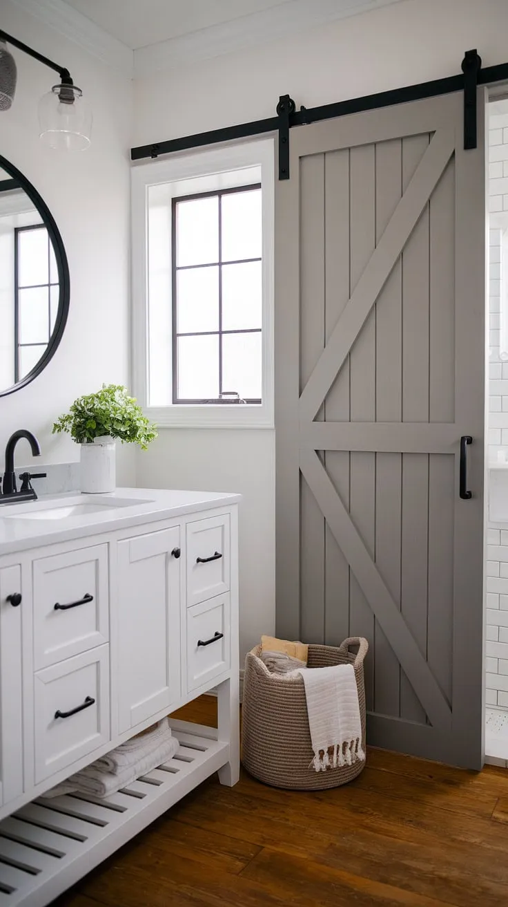 This modern farmhouse bathroom features a stylish white vanity, gray barn door, and black faucet, showcasing inspiring bathroom remodel designs for a chic master bathroom.