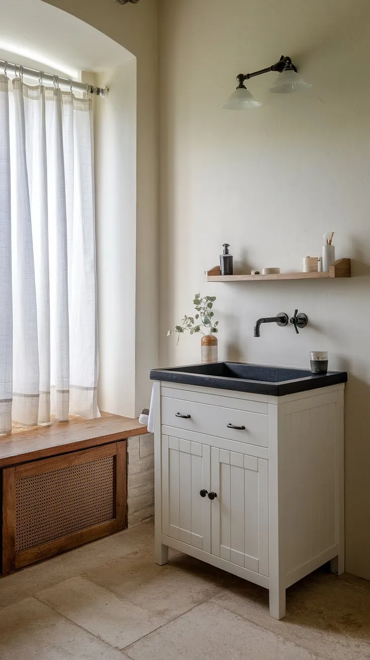 With its elegant white vanity, black sink, and floating shelf, this modern farmhouse bathroom exemplifies the ideal farmhouse bathroom style for your home renovation.