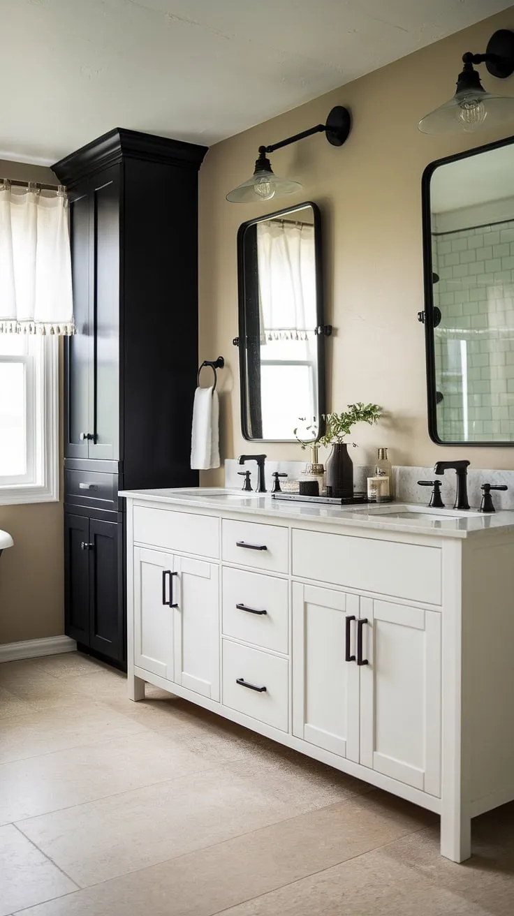 This modern farmhouse bathroom features a stylish white vanity with black fixtures, offering inspiring master bathroom ideas and bathroom remodel designs that highlight the farmhouse bathroom style.