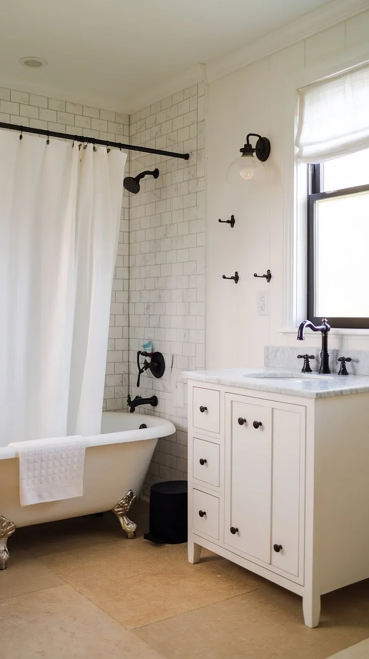 With its elegant white fixtures and black details, this modern farmhouse bathroom exemplifies trending farmhouse bathroom style and innovative master bathroom ideas.