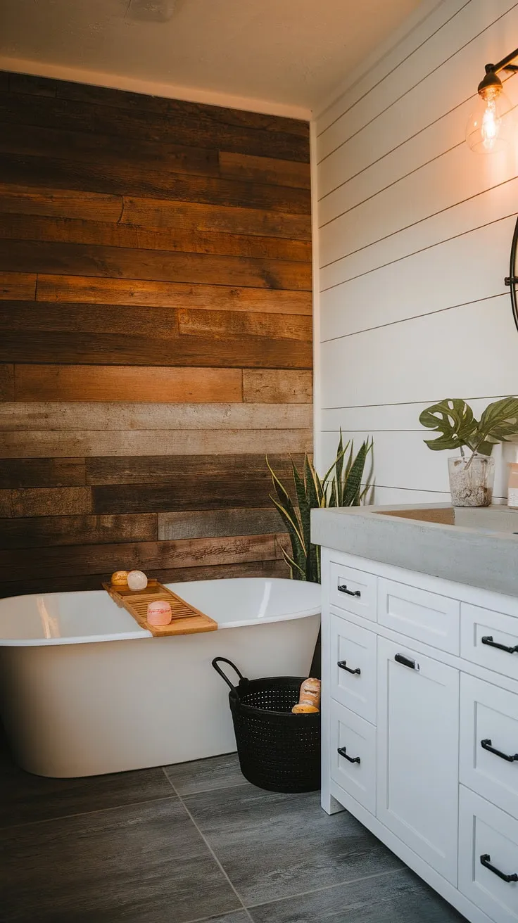 With its wood paneling, gray tile floor, and thoughtful decor, this modern farmhouse bathroom showcases the perfect blend of farmhouse bathroom style and contemporary design.