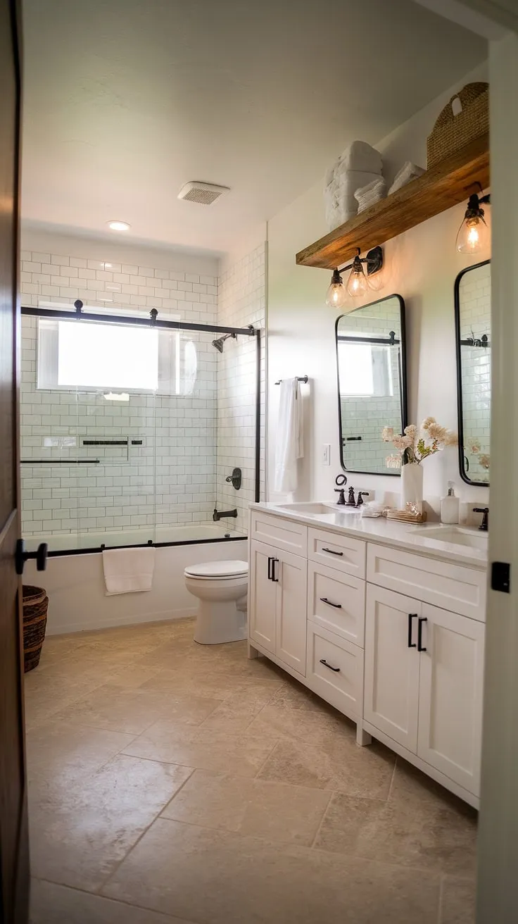 This modern farmhouse bathroom showcases a white tub, dual sinks, and rustic charm, making it an inspiring example of master bathroom ideas and bathroom remodel designs.