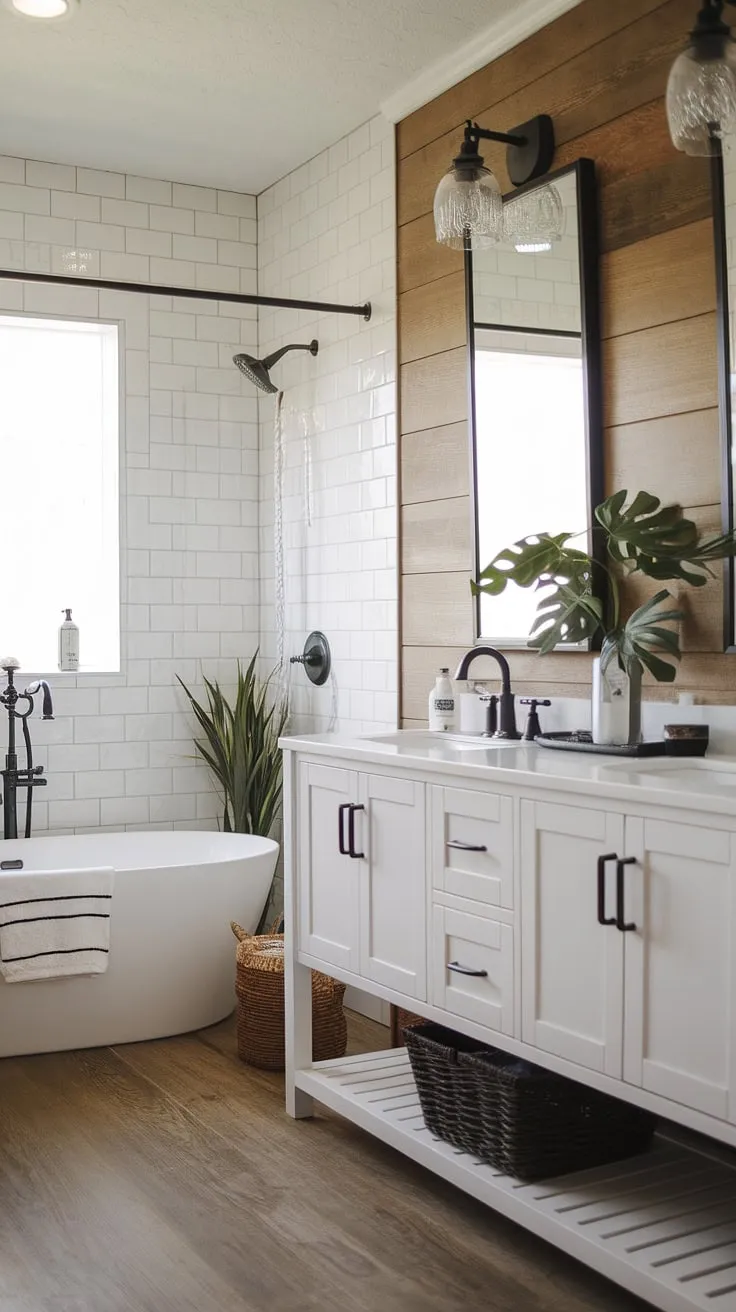 With its elegant black accents and natural elements, this modern farmhouse bathroom exemplifies the perfect blend of farmhouse bathroom style and contemporary design.