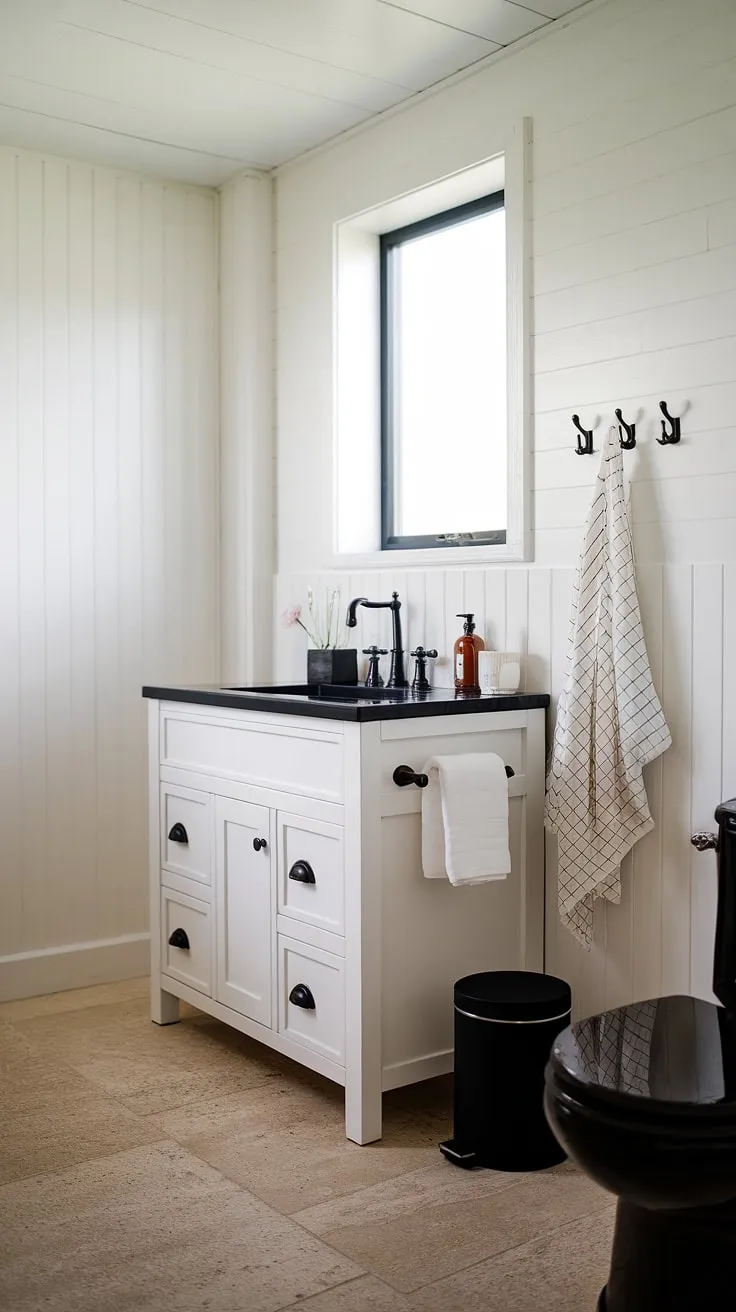 This modern farmhouse bathroom features a stylish white vanity with a black faucet and sink, offering inspiring ideas for your master bathroom remodel designs.