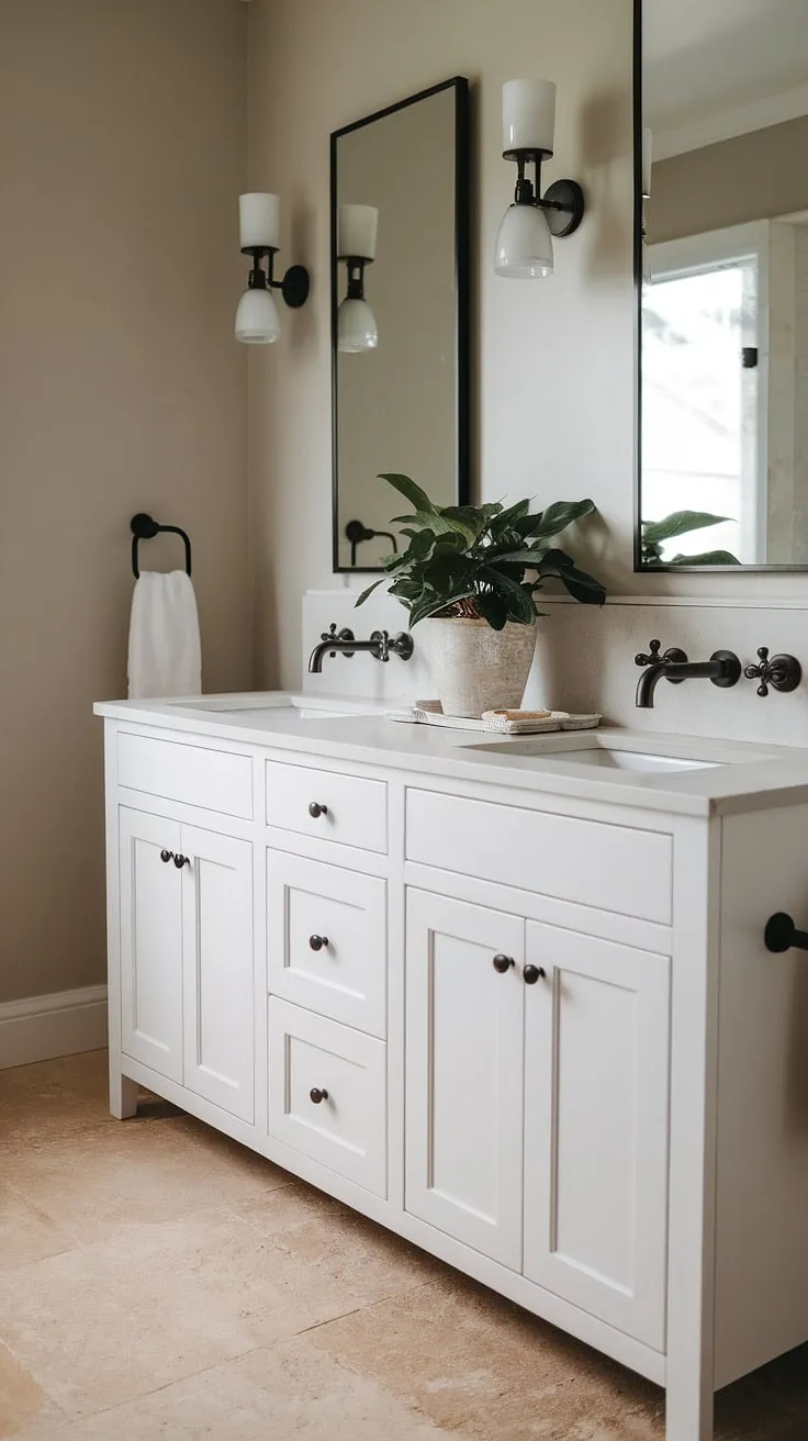 This modern farmhouse bathroom features a stylish white vanity with a double sink, matte black faucets, and beige tiled flooring, making it a perfect inspiration for master bathroom ideas and bathroom remodel designs.
