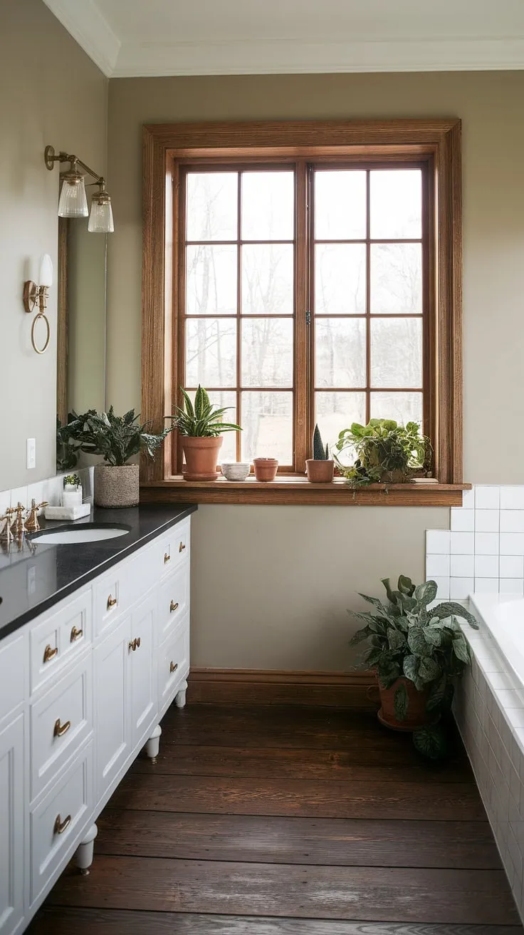 With its beige walls, dark wood floor, and large window framed in wood, this modern farmhouse bathroom exemplifies the ideal farmhouse bathroom style.