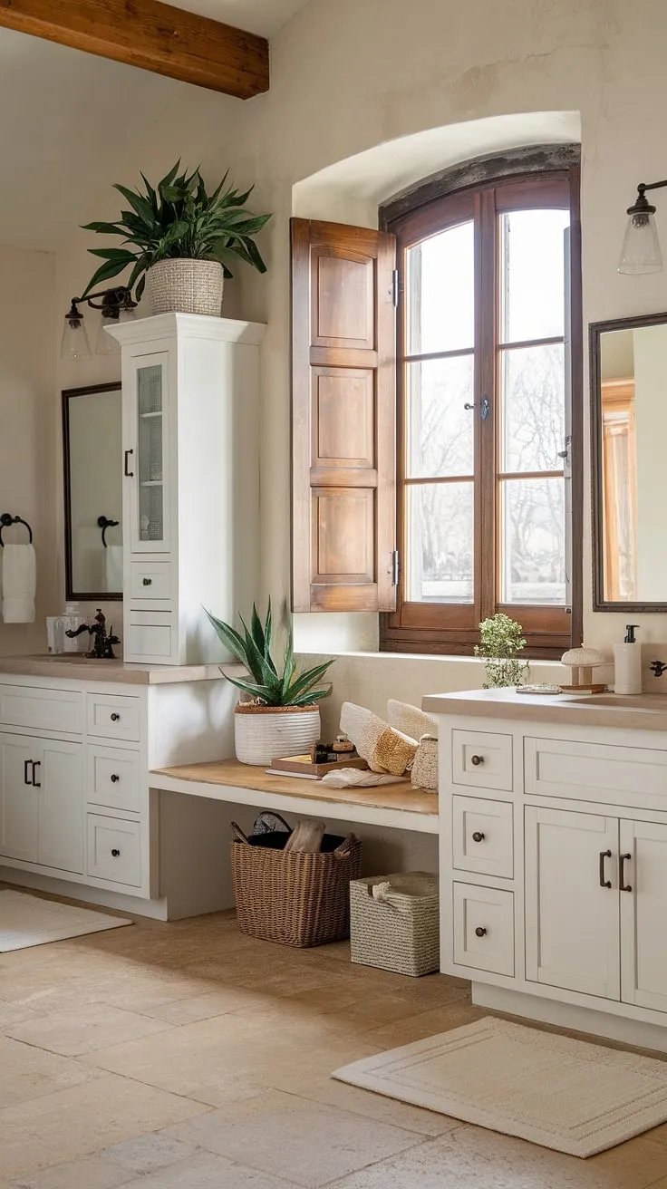 Featuring a blend of white cabinetry, wooden beams, and cozy decor, this modern farmhouse bathroom embodies the perfect farmhouse bathroom style for your home.