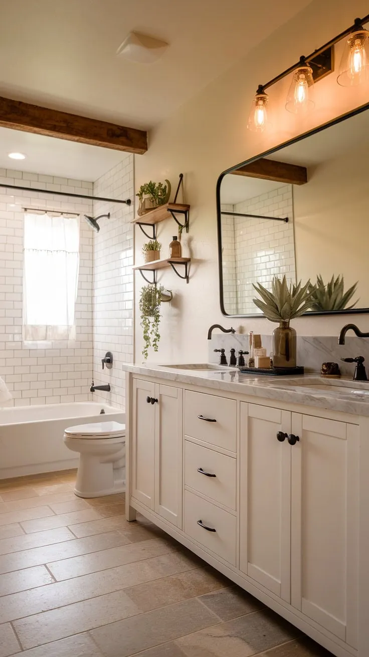 This modern farmhouse bathroom features a stylish white vanity with a marble countertop, black faucet, and warm lighting, making it an ideal inspiration for master bathroom ideas and bathroom remodel designs.