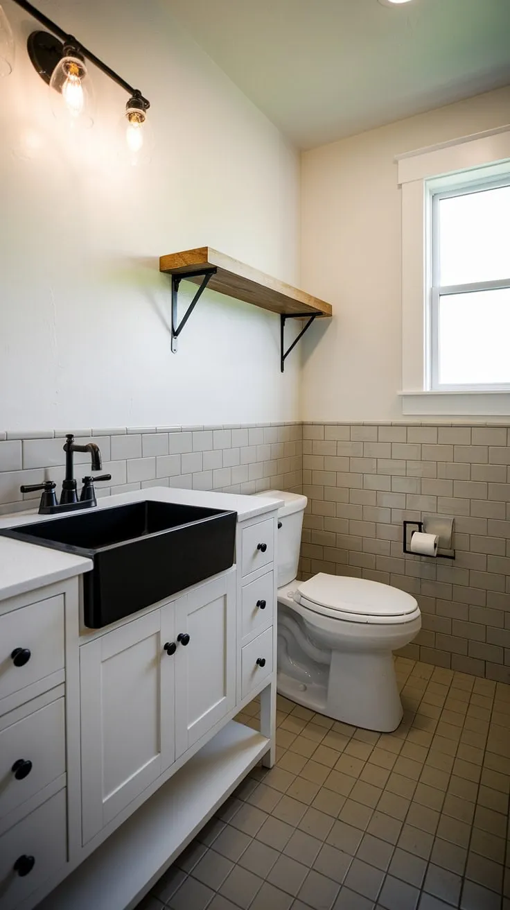 With its bright lighting and rustic wooden shelf, this modern farmhouse bathroom exemplifies the ideal farmhouse bathroom style for contemporary home renovations.