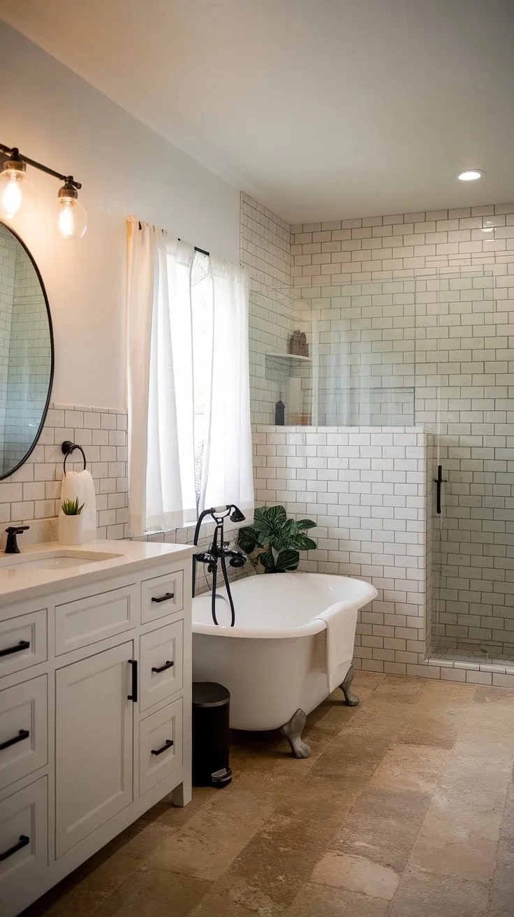 With its bright lighting and elegant decor, this modern farmhouse bathroom showcases ideal elements for farmhouse bathroom style and modern farmhouse home aesthetics.