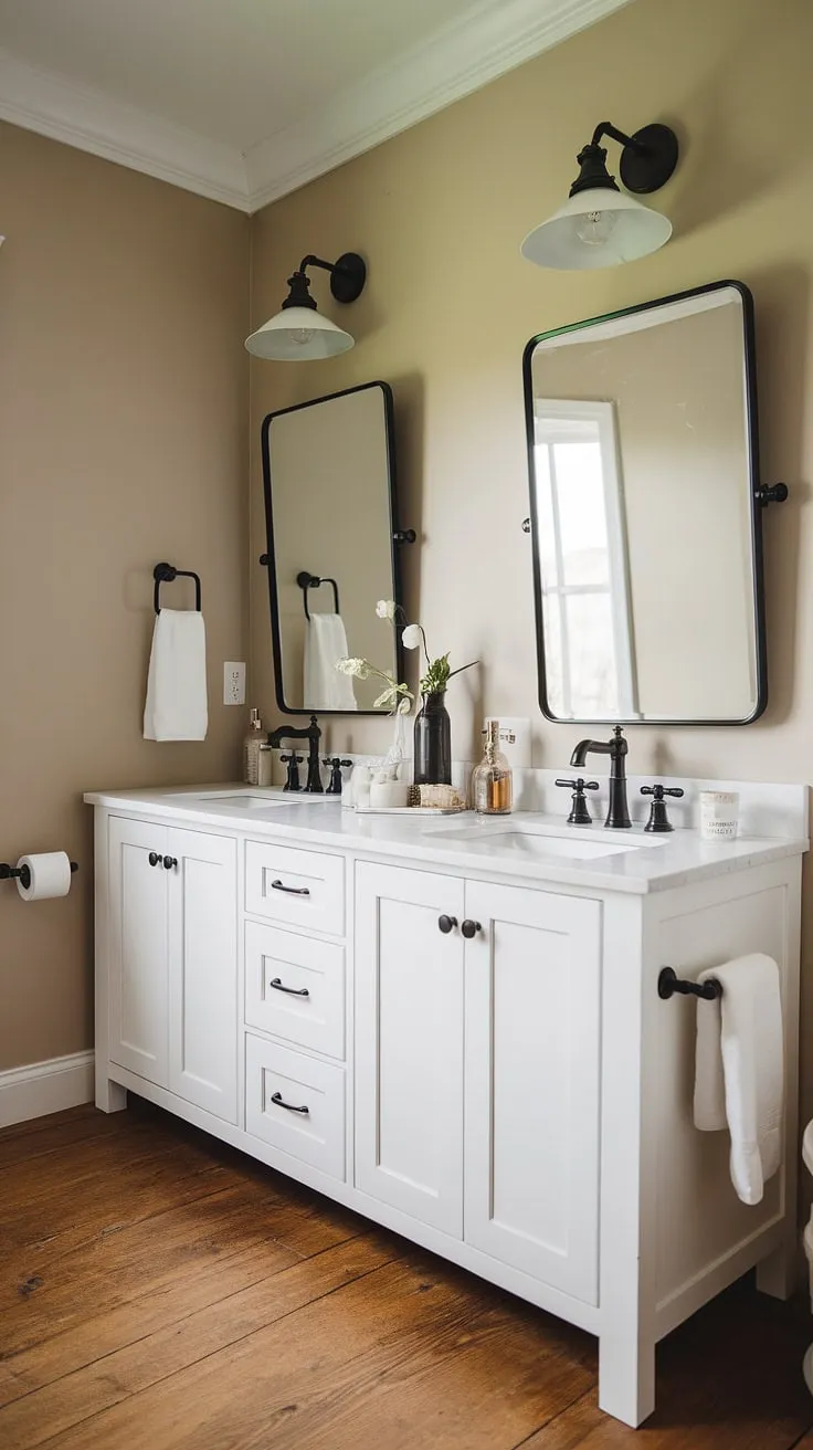 This modern farmhouse bathroom features a stylish white vanity with a black sink, dual mirrors, wooden flooring, and a chic black light fixture, making it a perfect inspiration for master bathroom ideas and bathroom remodel designs.