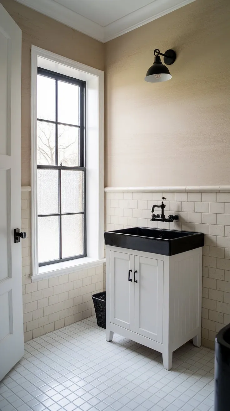 This modern farmhouse bathroom features a stylish white vanity with a black sink, textured beige wall tiles, and chic black accents, making it a perfect inspiration for master bathroom ideas and bathroom remodel designs.