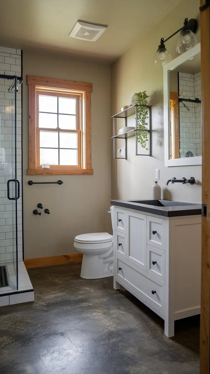 This modern farmhouse bathroom features a stylish white vanity, grey concrete floor, and black sink, showcasing inspiring bathroom remodel designs and master bathroom ideas for a chic farmhouse bathroom style.