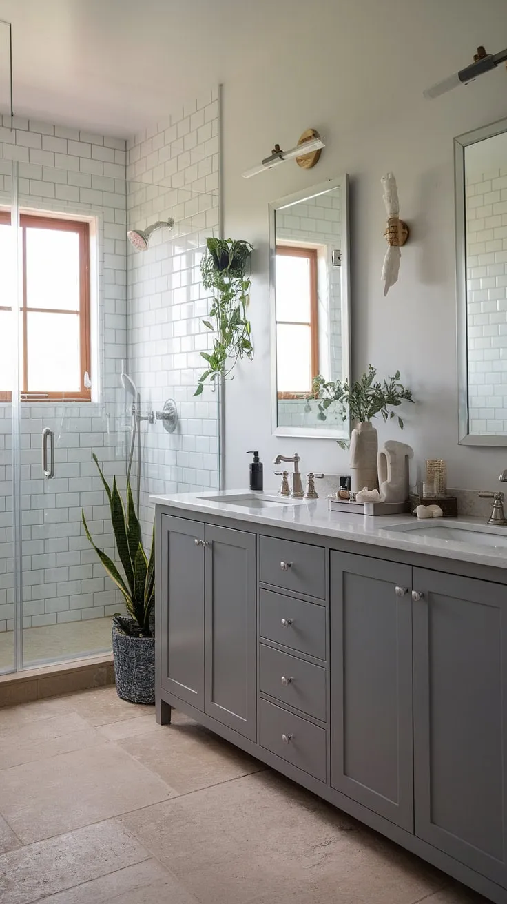This modern farmhouse bathroom features a grey vanity with dual sinks, white walls, and beige tiled flooring, showcasing stylish bathroom remodel designs perfect for master bathroom ideas.
