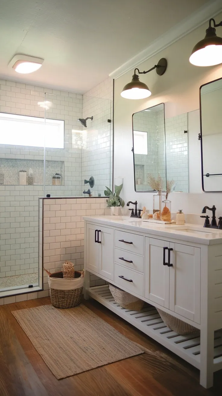 Featuring a bright, inviting atmosphere, this modern farmhouse bathroom blends functionality and farmhouse bathroom style, ideal for anyone seeking modern farmhouse bathroom ideas.