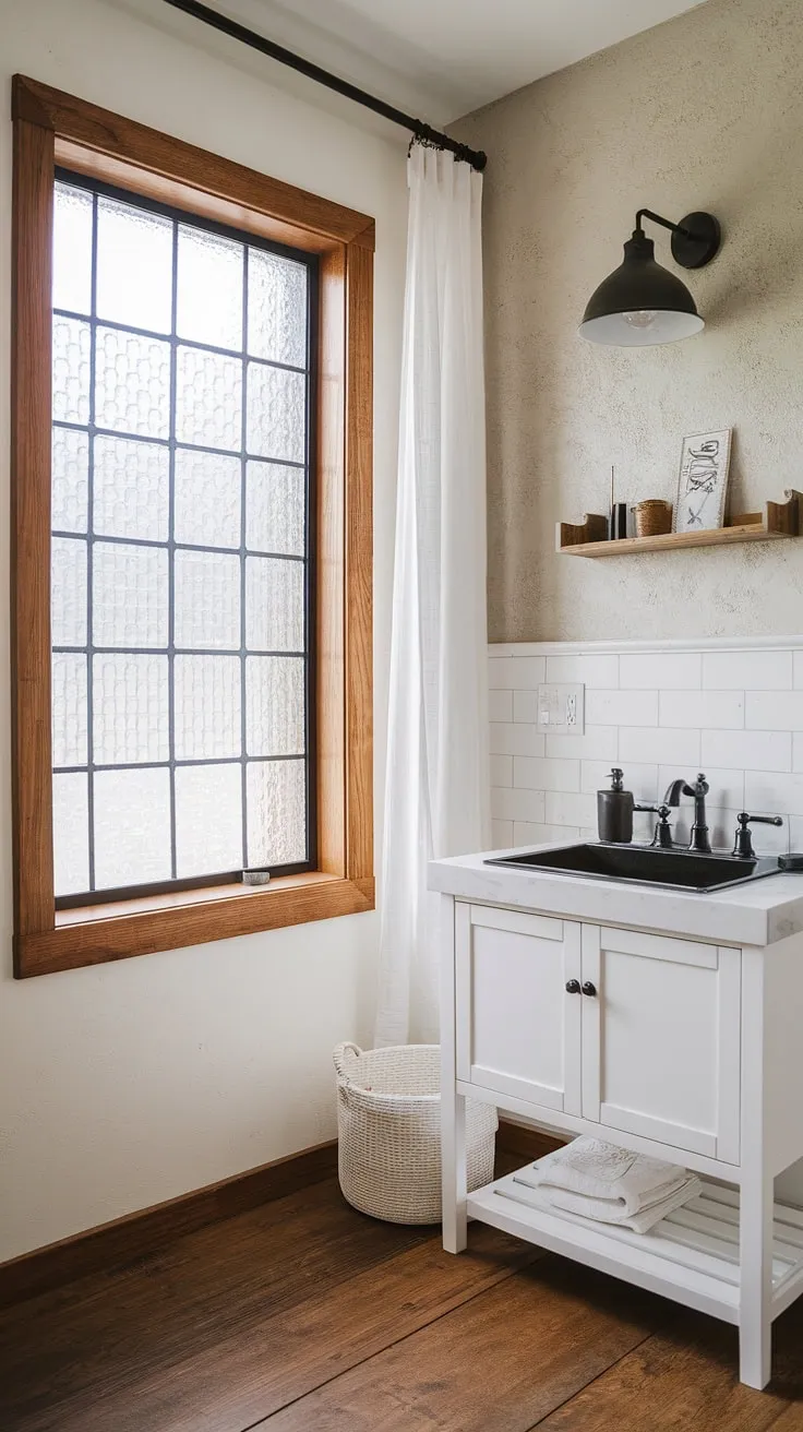This modern farmhouse bathroom features a stylish white vanity with a black sink, textured wall design, and wooden accents, making it a perfect inspiration for master bathroom ideas and bathroom remodel designs.